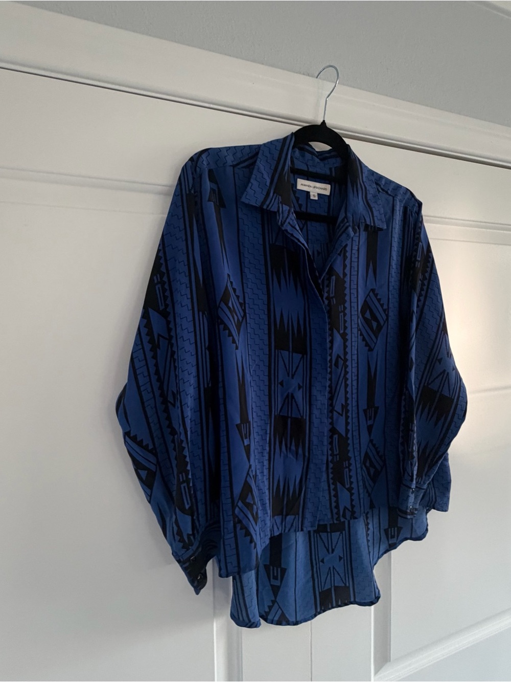 Amanda Uprichard Blue and Black Geometric Button-Down Silk Shirt - Size Small